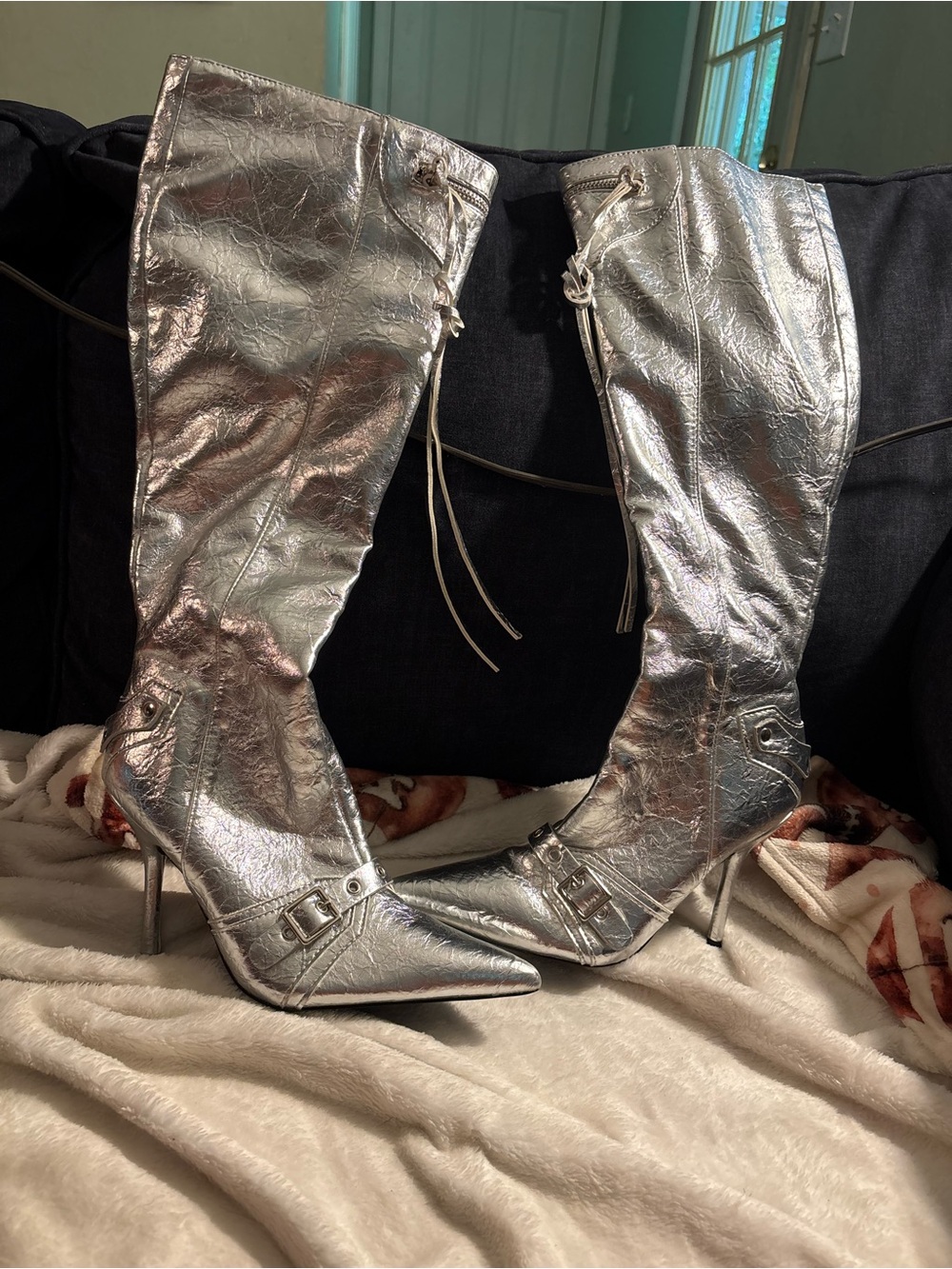 Women's Silver Metallic Knee-High Stiletto Boots